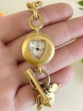 Vintage Maximal Art Gold Sculptural Swiss Heart-Shape Charm Bracelet Watch WORKS